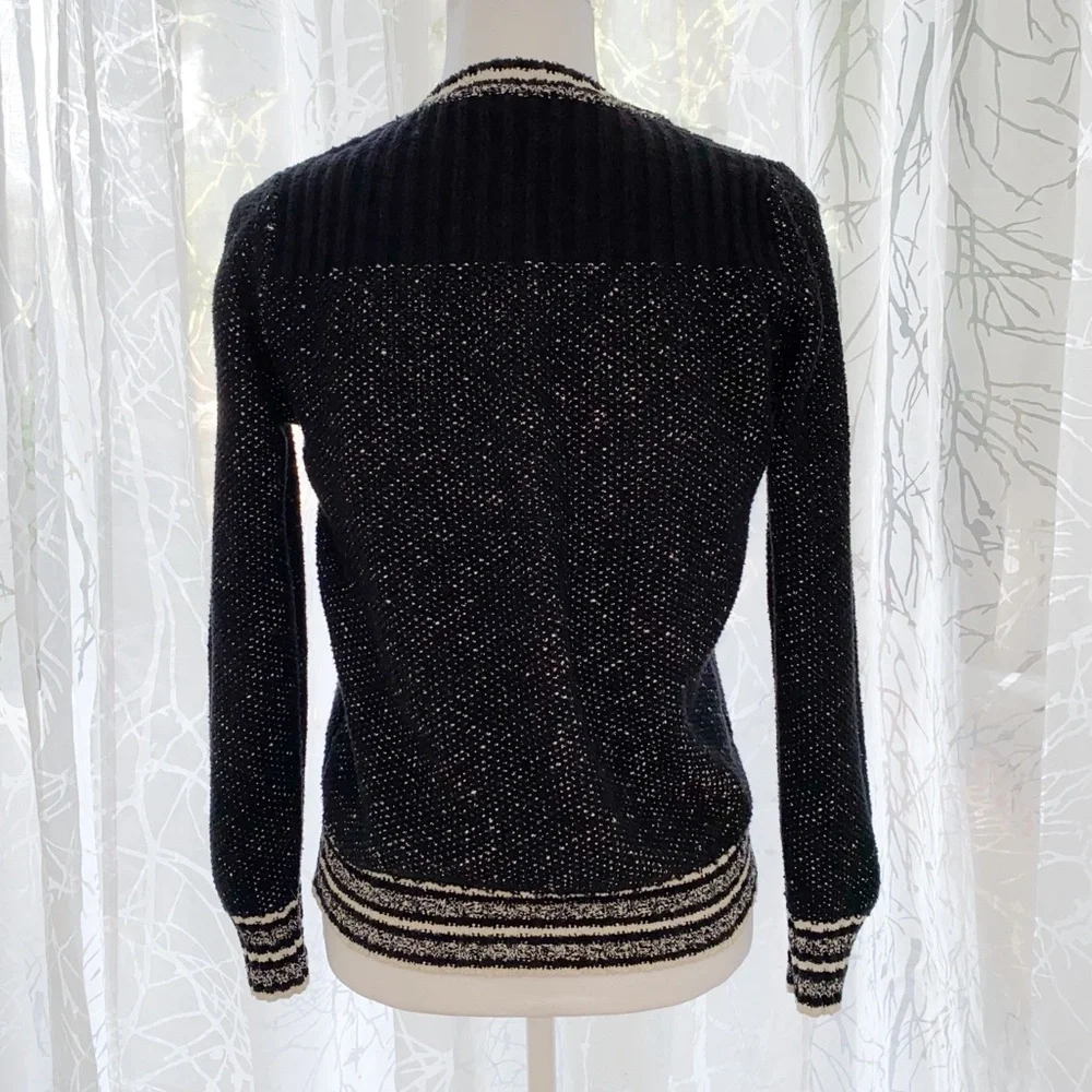 MAJE FIERE black knit white stripe trim crewneck zipper shoulder detail sweater - Picture 4 of 12